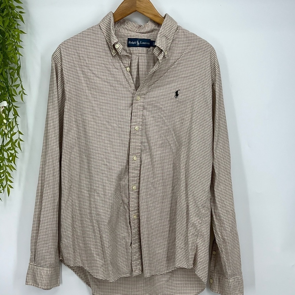 Ralph Lauren Men's Checkered Shirt - White and Brown - Picture 3 of 4